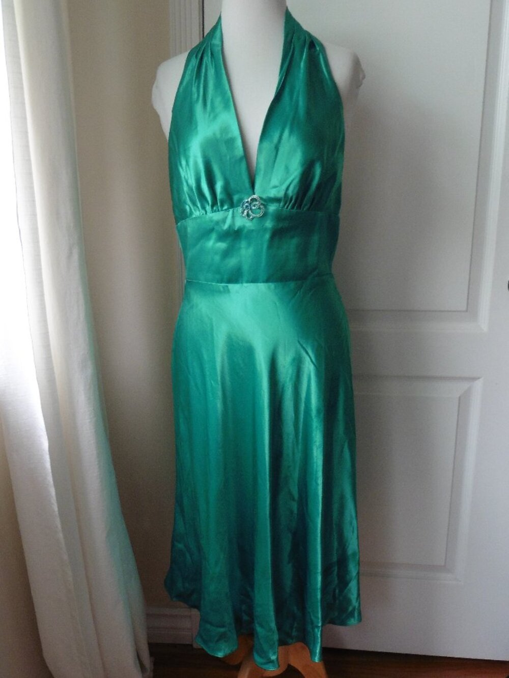 Allen Schwartz ABS Vintage Y2K 90's Green Satin Halter Dress w/Brooch Size 8